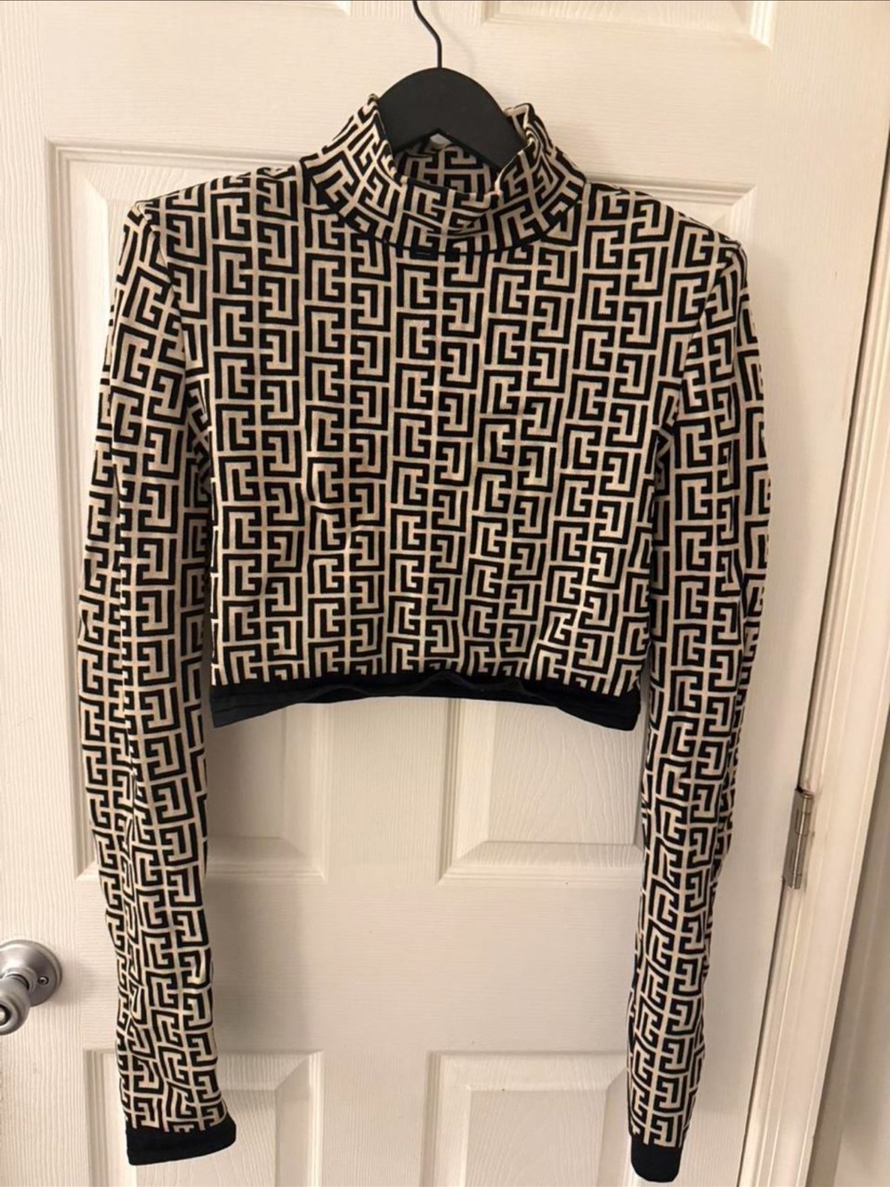Balmain Black and Cream Geometric Mock Neck Crop Top